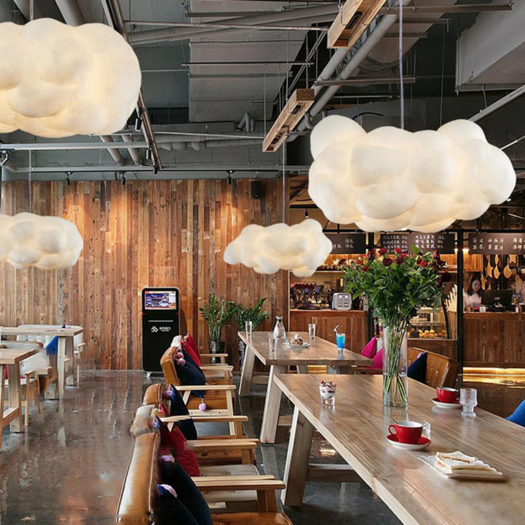 White PVC/cotton cloud LED light, modern pendant, enhances any home interior.