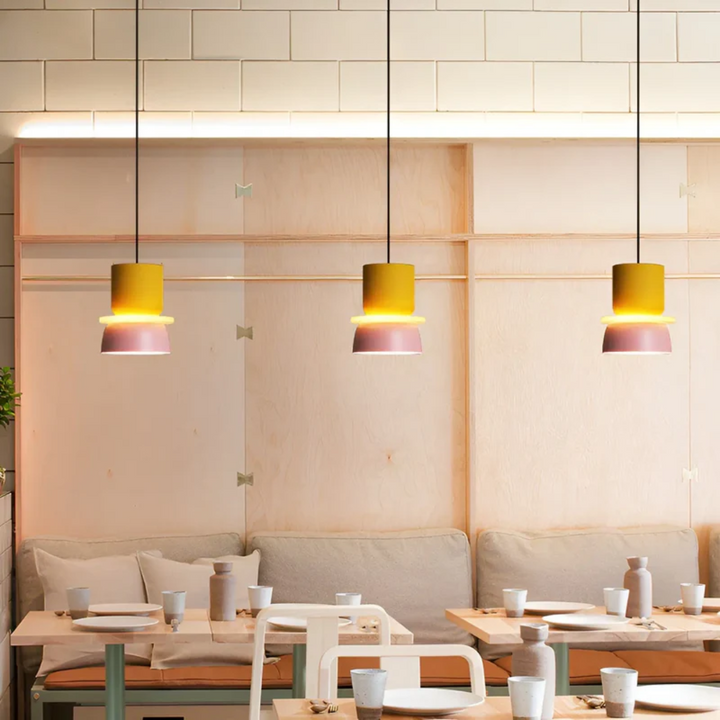 Trendy colorful Macaron LED pendant light, modern design for a stylish and inviting home interior.