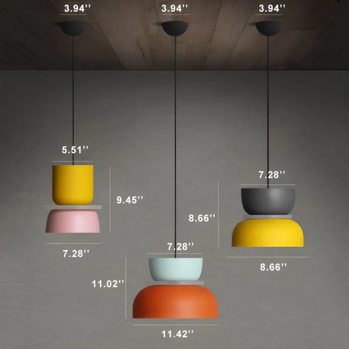Whimsical Macaron LED pendant light in a bedroom, modern & energy-efficient ceiling fixture.