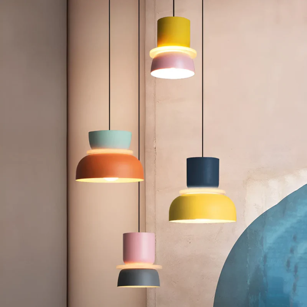 Bright & colorful Macaron LED pendant light, modern ceiling lamp creates an uplifting atmosphere.