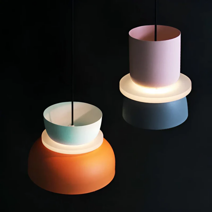 Trendy Macaron LED pendant light with modern design, colorful lighting for vibrant interiors.