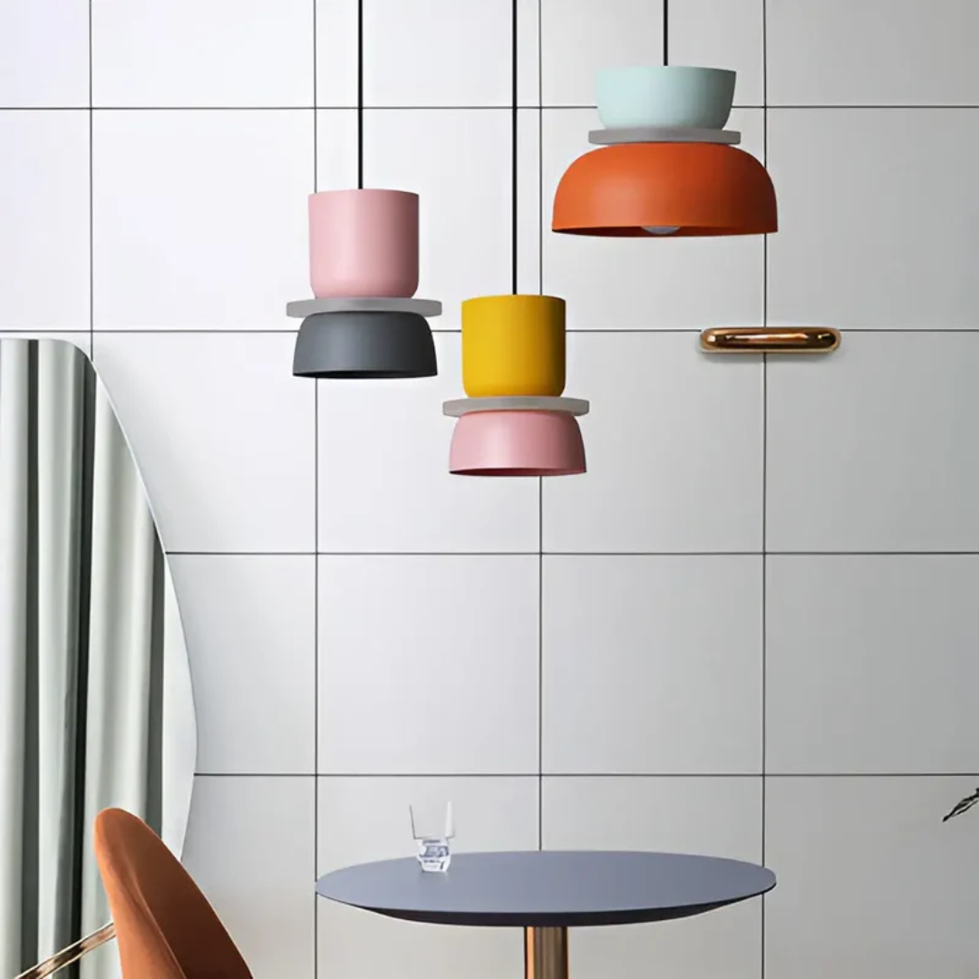 Energy-efficient LED Macaron pendant light, modern colorful design for contemporary spaces.