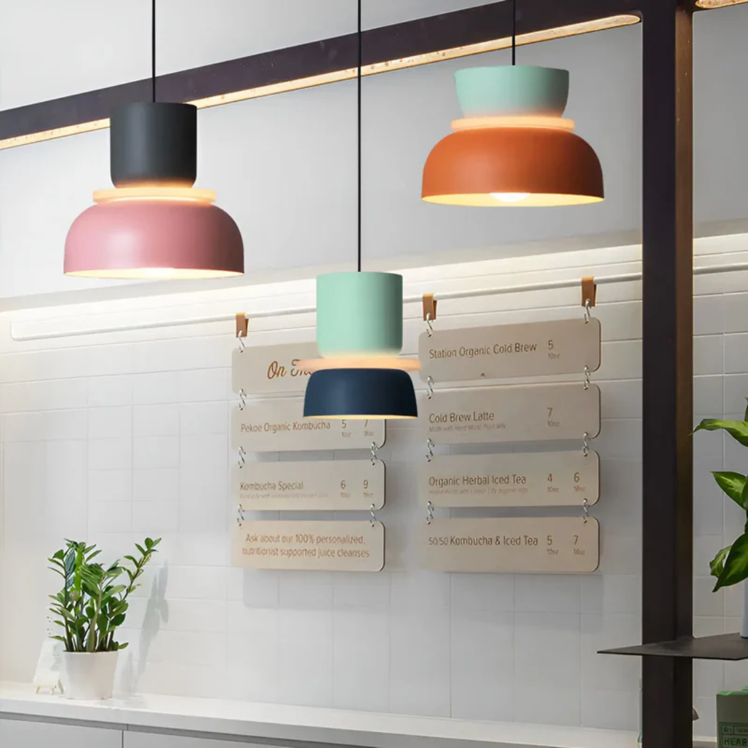 Close-up of colorful Macaron LED pendant light, modern fixture with a playful design aesthetic.