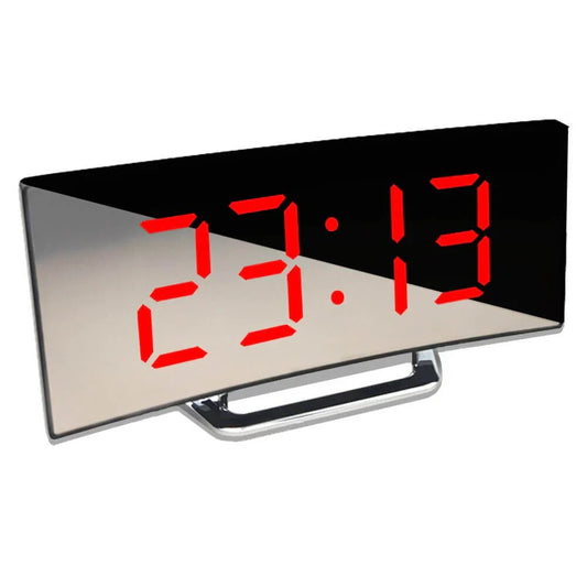 Modern curved LED digital clock for desk, home, or office decor. Contemporary alarm clock with clear display.