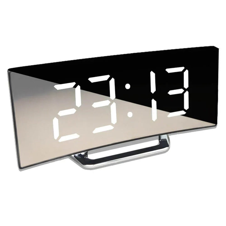 Sleek contemporary curved LED digital desk clock. Modern design for home decor, office, or bedroom.