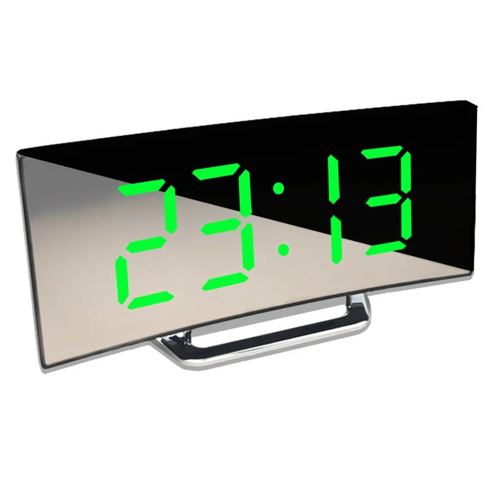 Curved LED digital alarm clock for home & office. Modern desk clock with clear time display. Contemporary decor.