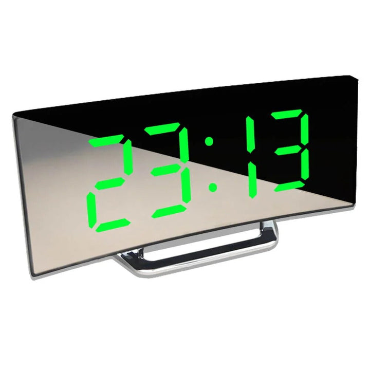 Curved LED digital alarm clock for home & office. Modern desk clock with clear time display. Contemporary decor.