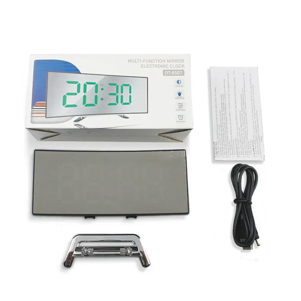 Modern curved LED digital clock for bedroom, office desk, or home decor. Contemporary style alarm clock.