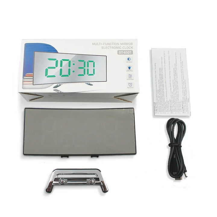 Modern curved LED digital clock for bedroom, office desk, or home decor. Contemporary style alarm clock.