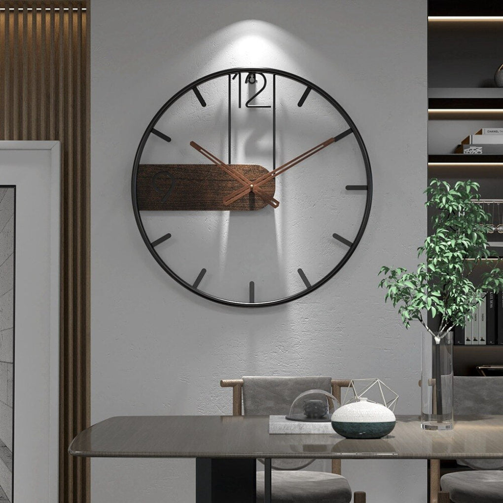 Modern decorative wall clock with elegant steel frame & wood accents. Silent, contemporary home/office decor & wall art.