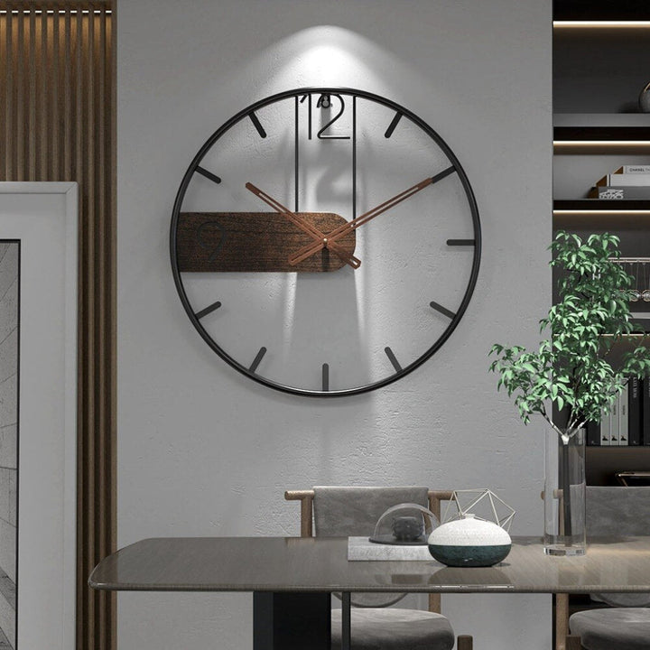 Modern decorative wall clock with elegant steel frame & wood accents. Silent, contemporary home/office decor & wall art.