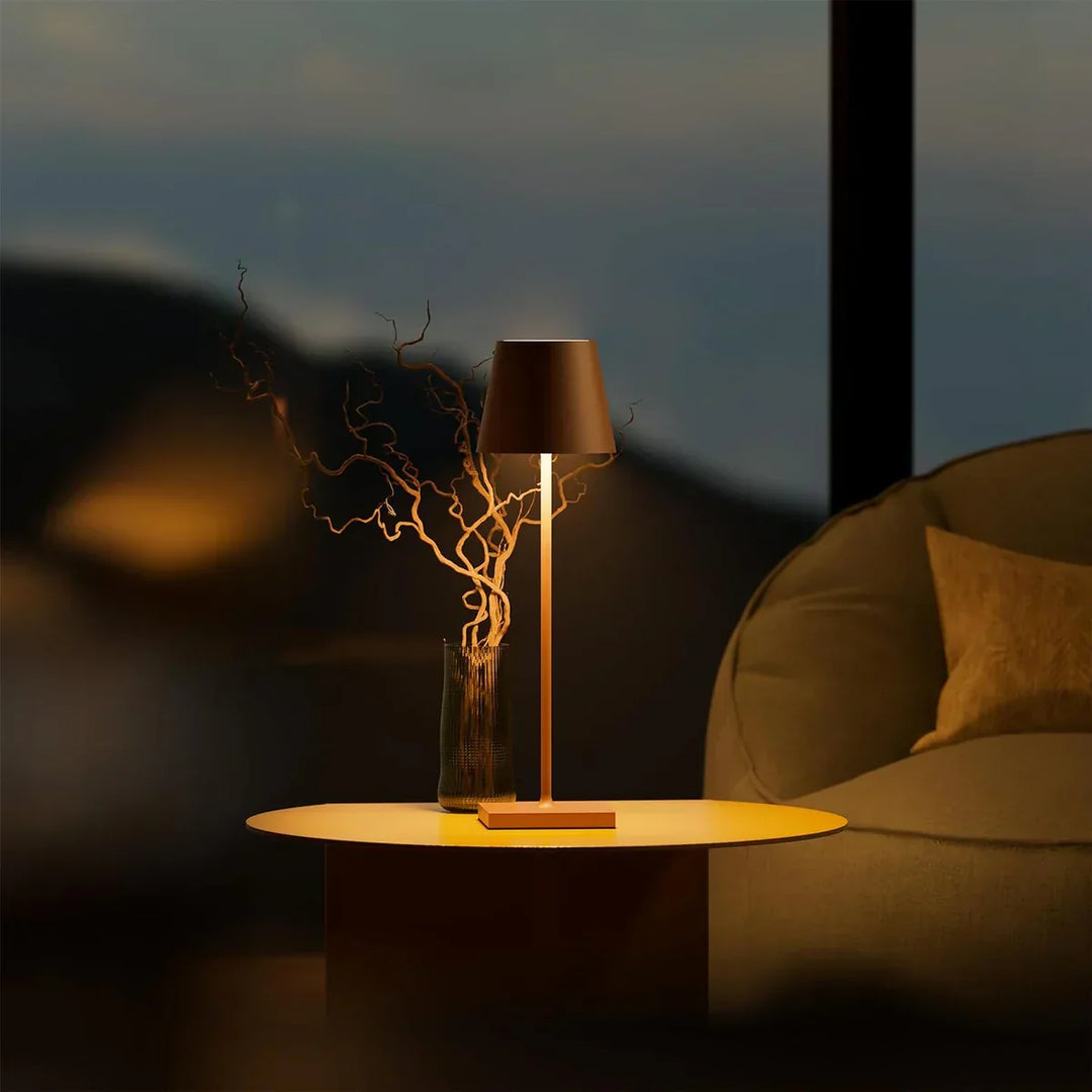 Soft glow dimmable LED table lamp, modern cordless design, perfect for comfortable ambient lighting.