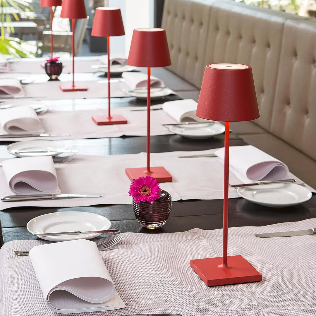 Dimmable touch control LED desk lamp, modern aluminum design, rechargeable for cordless portability.