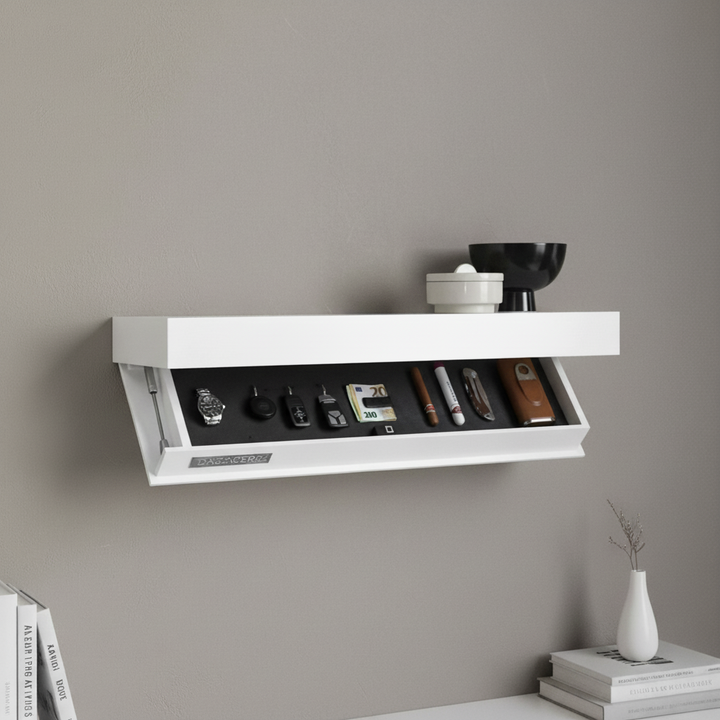 Modern floating wood shelf with hidden storage compartment for living room organization & decor.