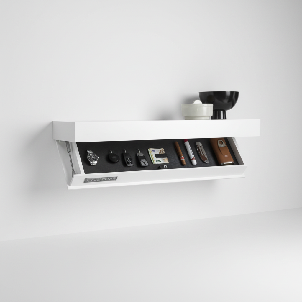 Sleek wooden floating wall shelf, ideal for entryway or kitchen storage, with discreet hidden compartment.