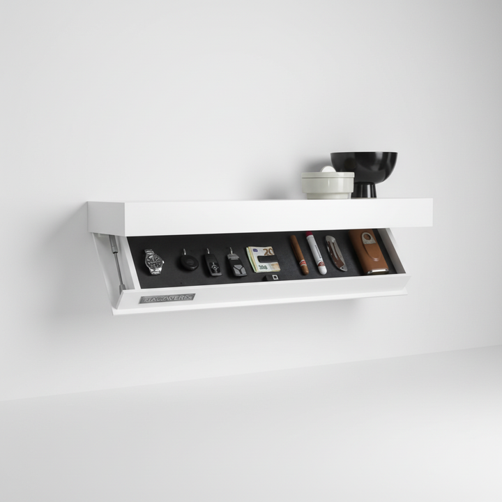 Sleek wooden floating wall shelf, ideal for entryway or kitchen storage, with discreet hidden compartment.
