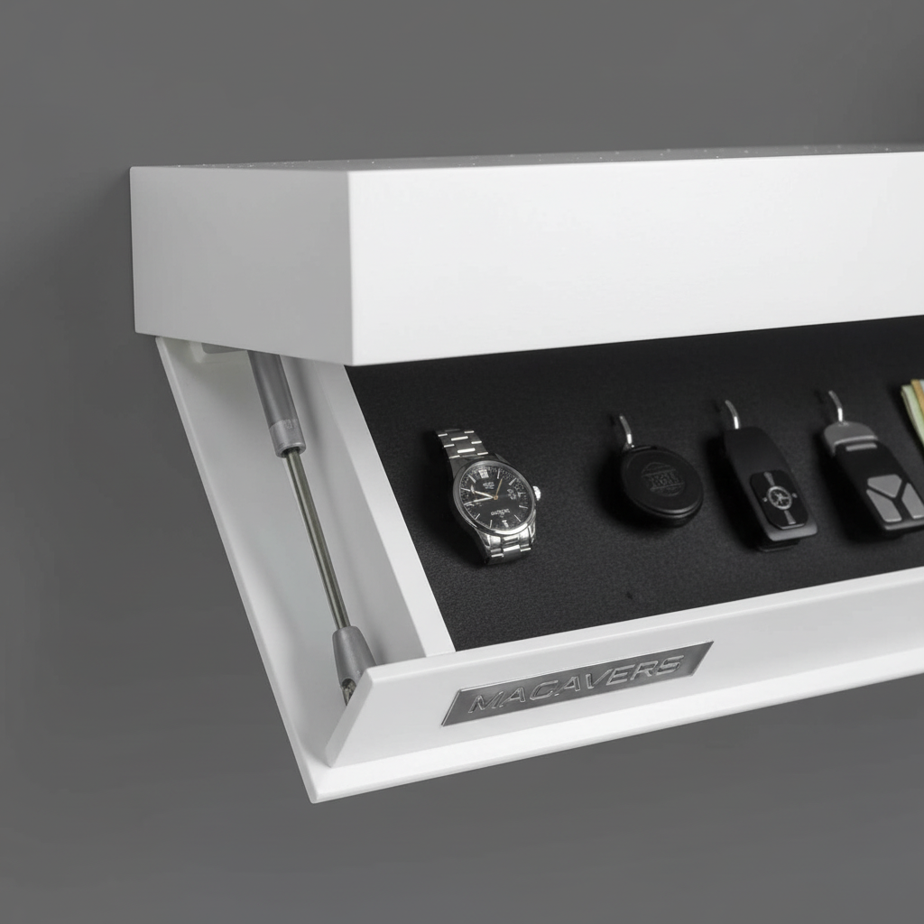 Contemporary floating wall shelf for modern decor, offering hidden storage and home organization solutions.