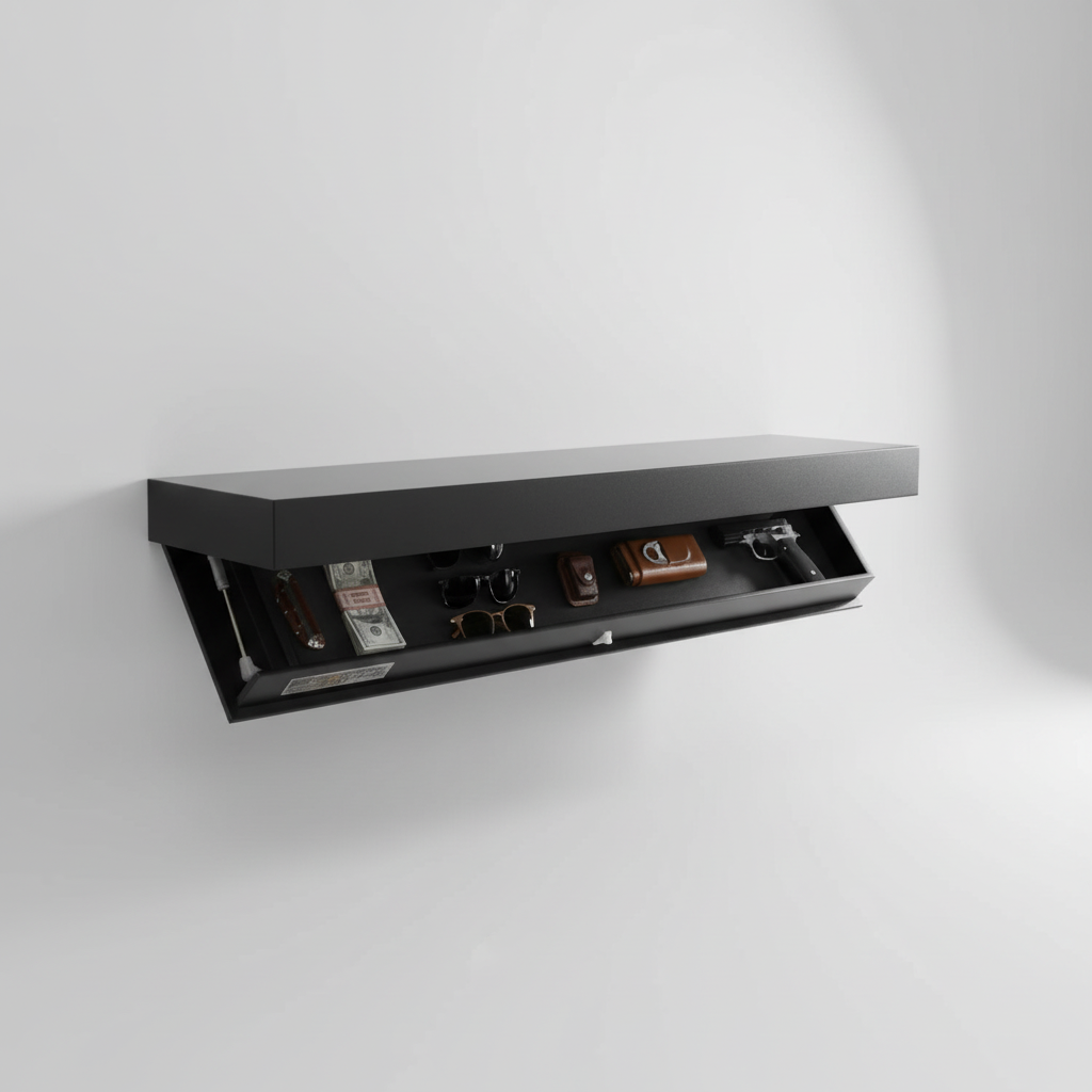 Clean-line floating wall shelf with a hidden compartment, enhancing modern home organization & storage.