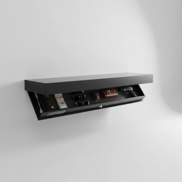 Clean-line floating wall shelf with a hidden compartment, enhancing modern home organization & storage.