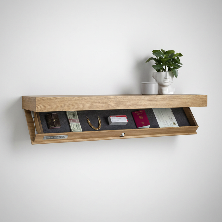 Versatile floating shelf with hidden storage, great for modern living room, kitchen, or entryway organization.