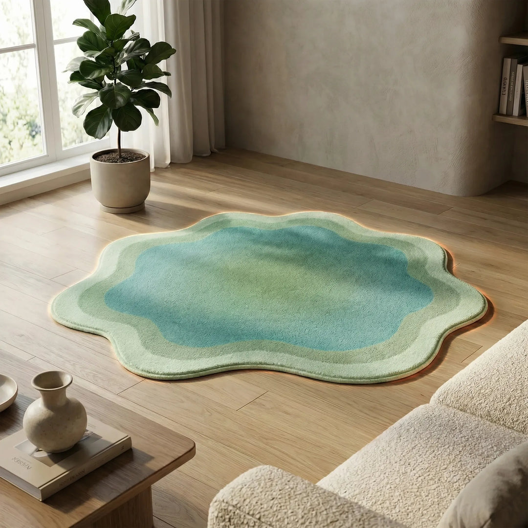 Gradient area rug with soft plush waves; modern Flowique design perfect for contemporary bedroom or living room.