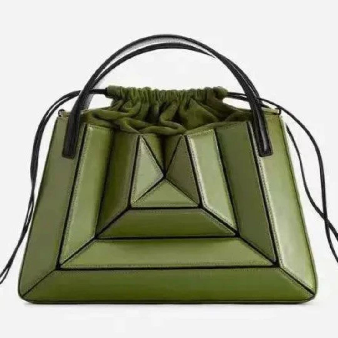 Colorful geometric pattern handbag for women. Unique modern design shoulder tote.
