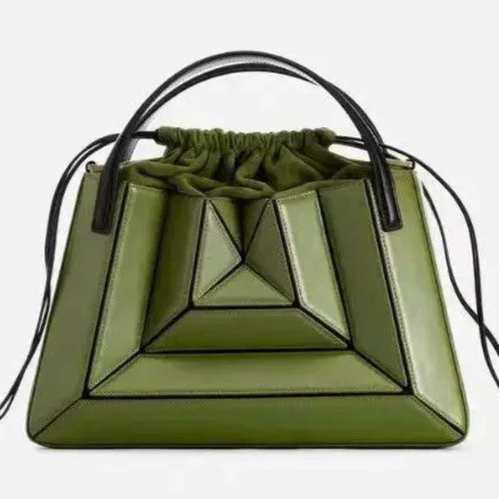 Colorful geometric pattern handbag for women. Unique modern design shoulder tote.