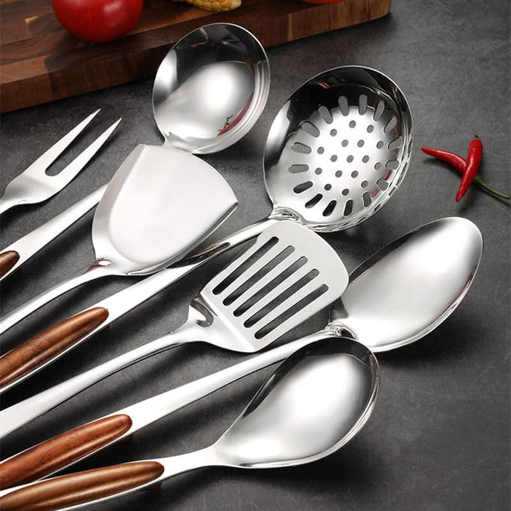 Complete kitchen utensil set, ergonomic handles, heat & rust-resistant, dishwasher safe for easy home cooking.