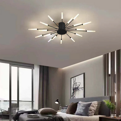 Contemporary gold LED ceiling light, brightens large living rooms.