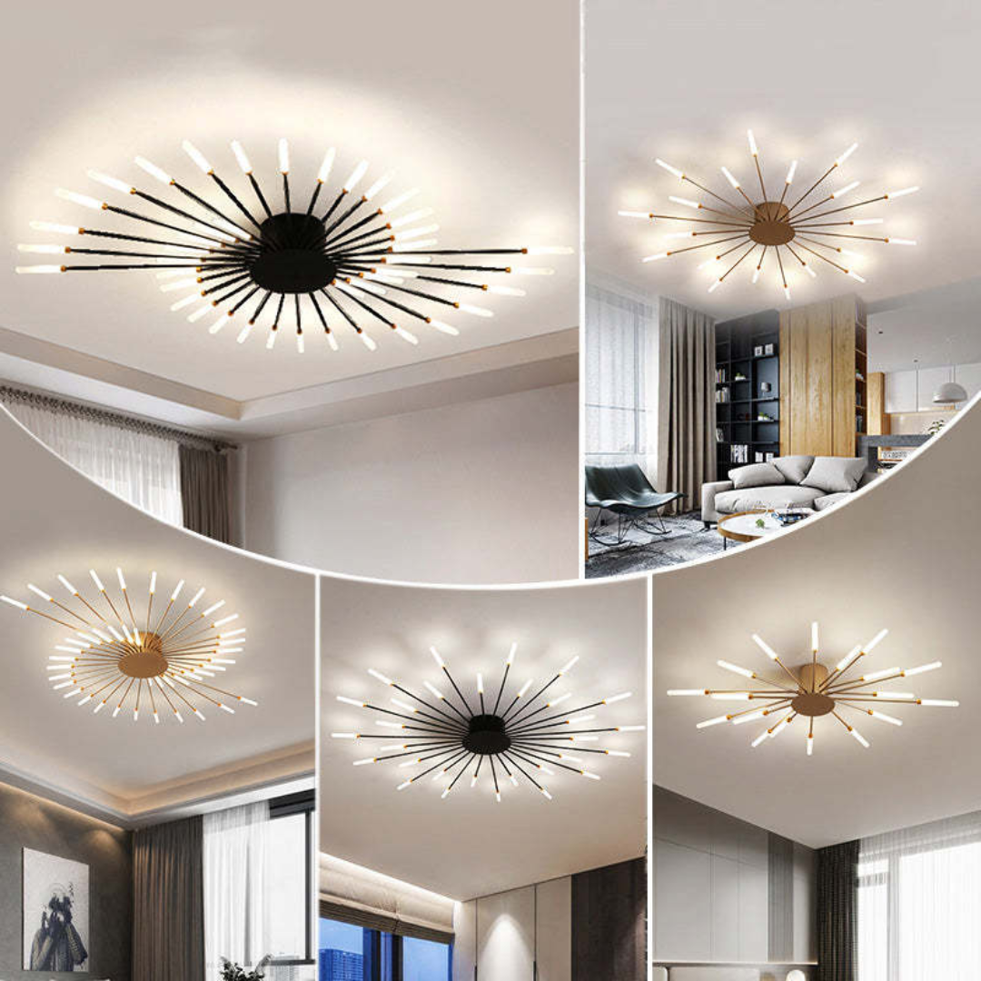 Modern LED indoor light fixture, gold, providing ambient light for large rooms.