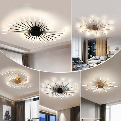 Modern LED indoor light fixture, gold, providing ambient light for large rooms.