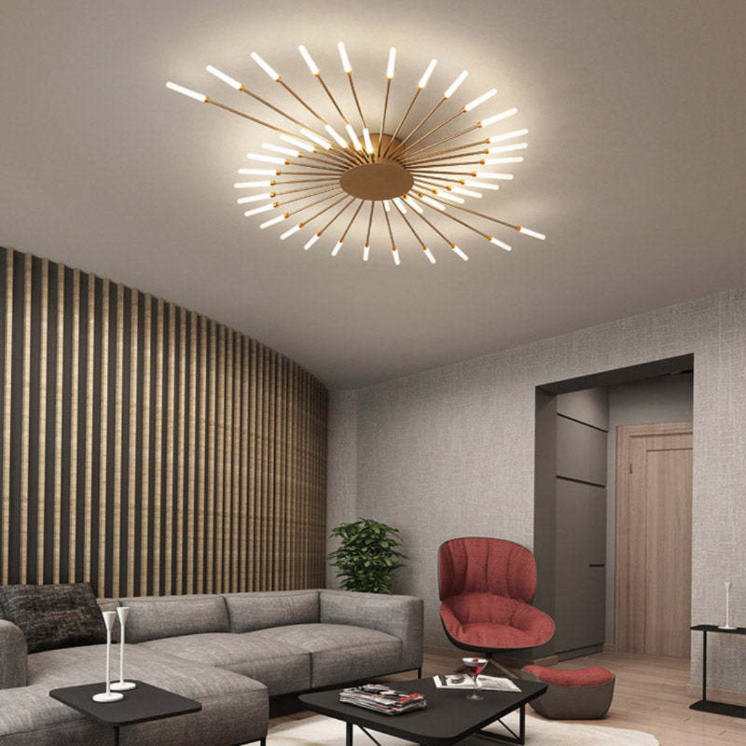 Gold LED ceiling light, modern aesthetic for large living areas & home.