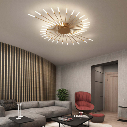 Gold LED ceiling light, modern aesthetic for large living areas & home.