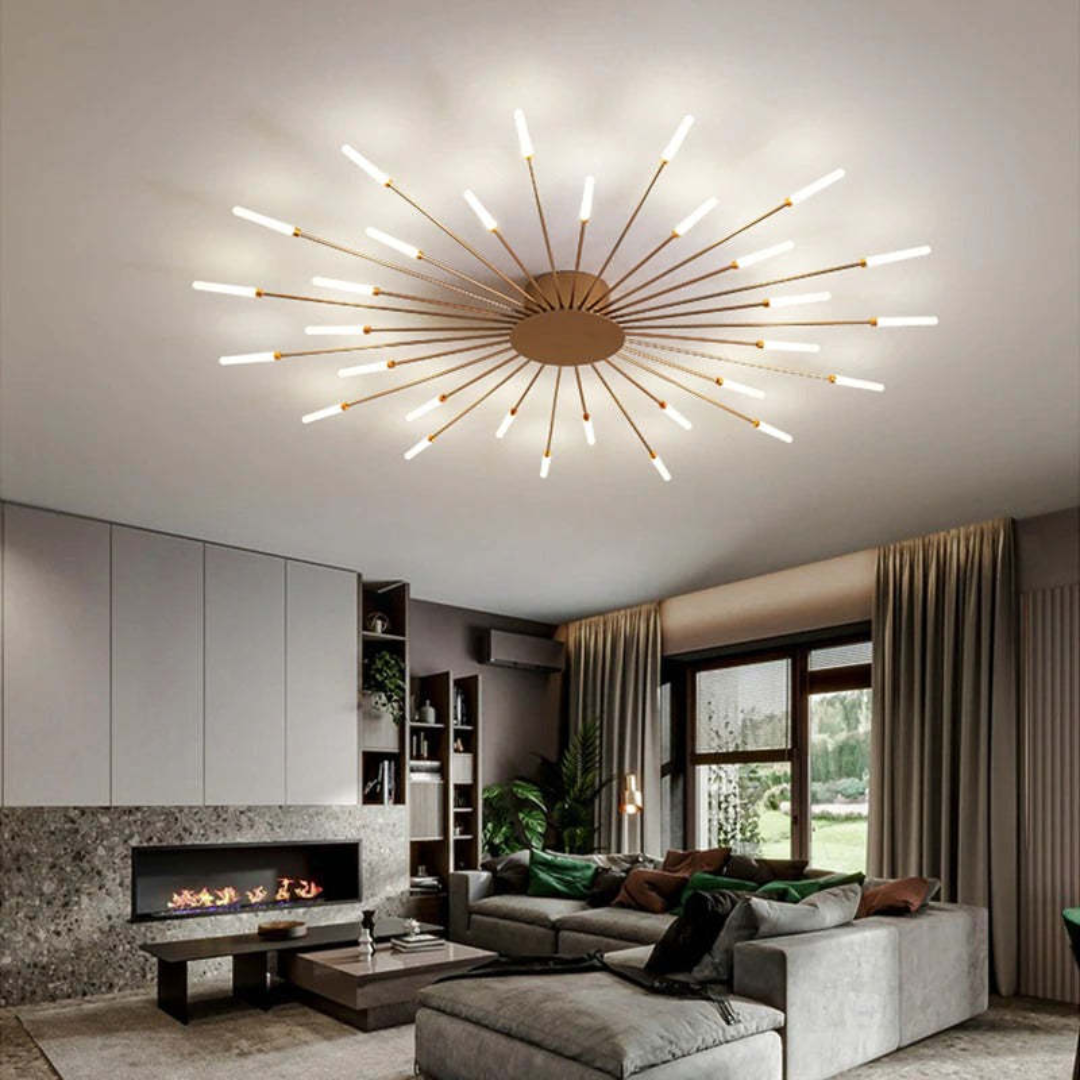 Modern gold LED light, dimmable, great for large bedrooms & living rooms.