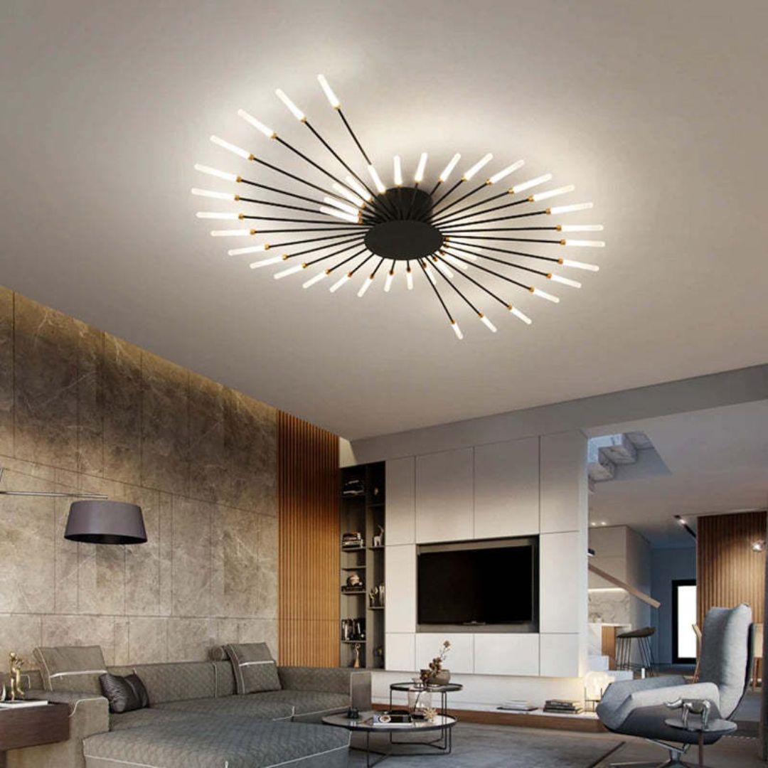 Dimmable modern LED fixture, gold, illuminates large rooms with style.
