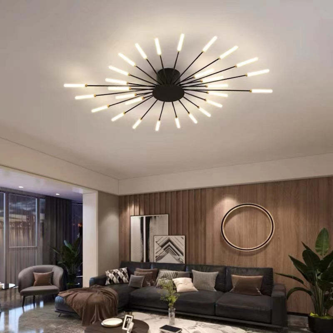 Modern gold LED ceiling light, statement piece for hotels & large spaces.