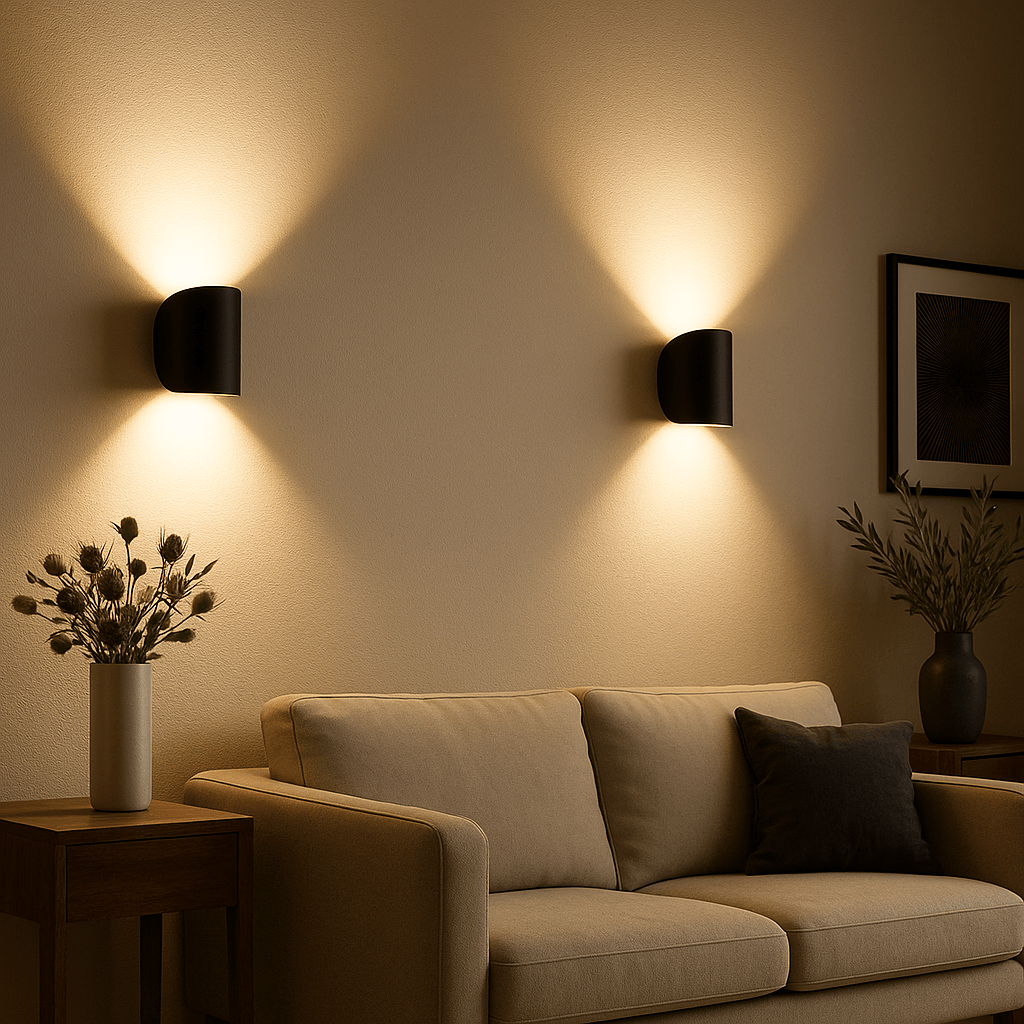 Sleek modern LED wall light. Minimalist home decor piece, perfect for bedroom or hallway. Energy-efficient lighting.