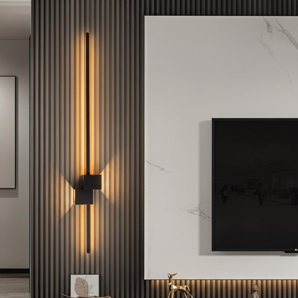 Horizontal linear LED light, a modern minimalist lamp for contemporary interior accent lighting.