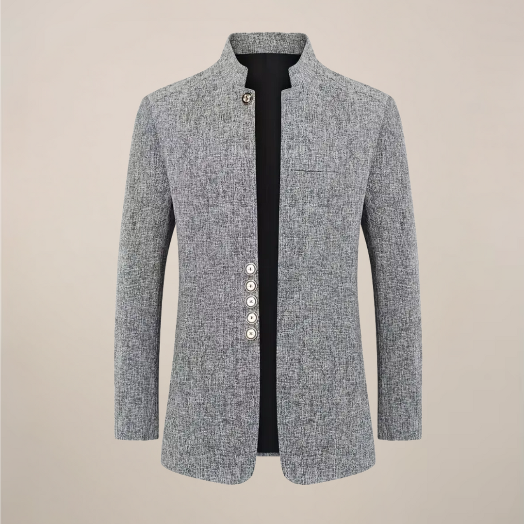 Modern men's single-breasted blazer with stand collar. Tailored smart casual jacket, perfect for business or autumn wear.