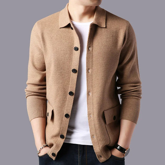 Modern men's varsity collared cardigan with a tailored fit, perfect for casual layering.