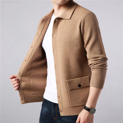 Versatile men's collared cardigan sweater, ideal as a stylish layering piece for any casual outfit.