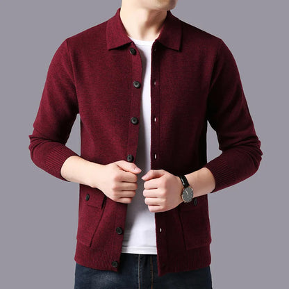 Tailored men's collared cardigan, combining style with easy care and comfortable wear for everyday fashion.