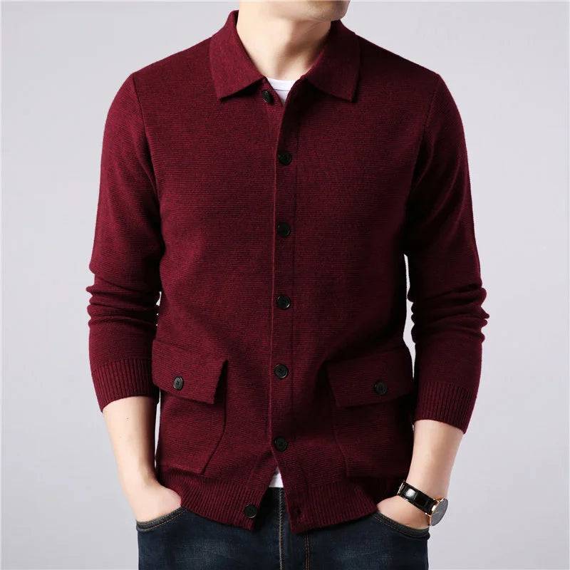 Men's collared cardigan, a versatile layering piece in varsity style, enhancing any modern casual look.