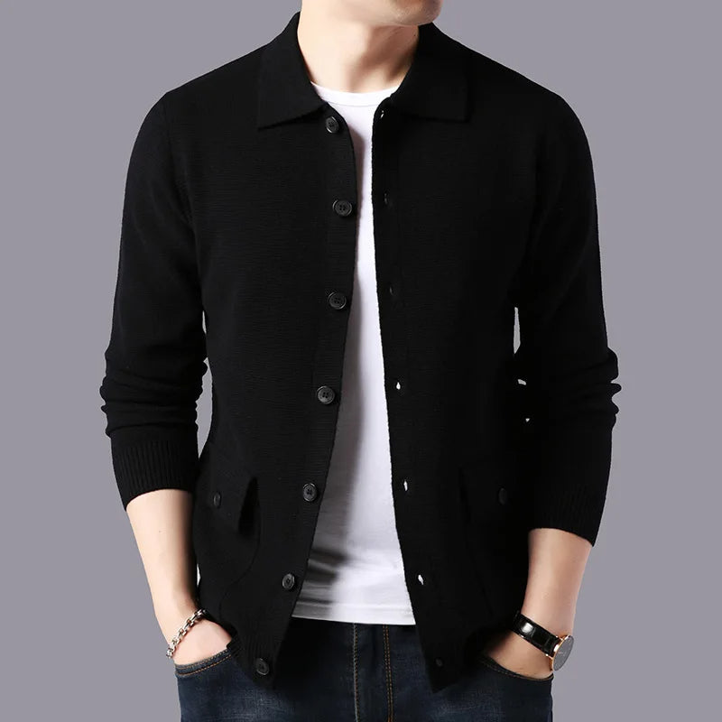 Modern men's collared cardigan with a sophisticated tailored fit, perfect for elevated casual fashion.