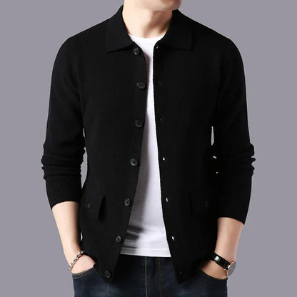 Modern men's collared cardigan with a sophisticated tailored fit, perfect for elevated casual fashion.
