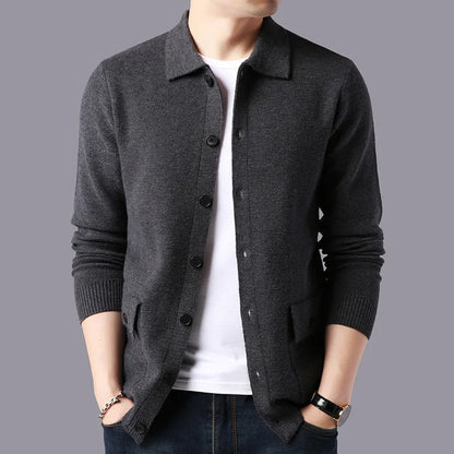 Men's varsity collared cardigan, tailored and modern, a versatile sweater for stylish layering and casual wear.