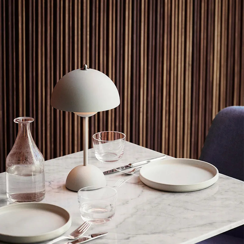 Modern mushroom table lamp, trendy designer lighting for stylish home decor. Dimmable accent lamp.