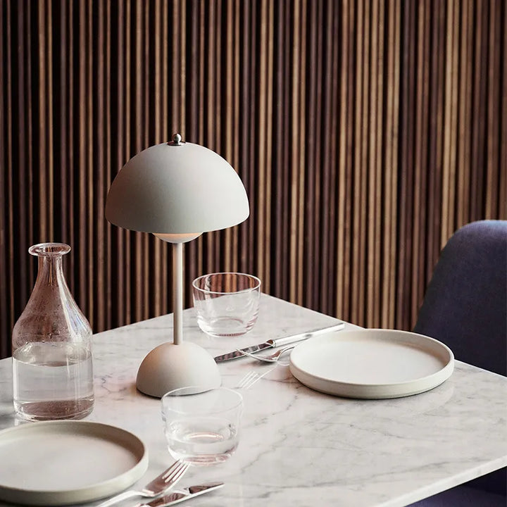 Modern mushroom table lamp, trendy designer lighting for stylish home decor. Dimmable accent lamp.