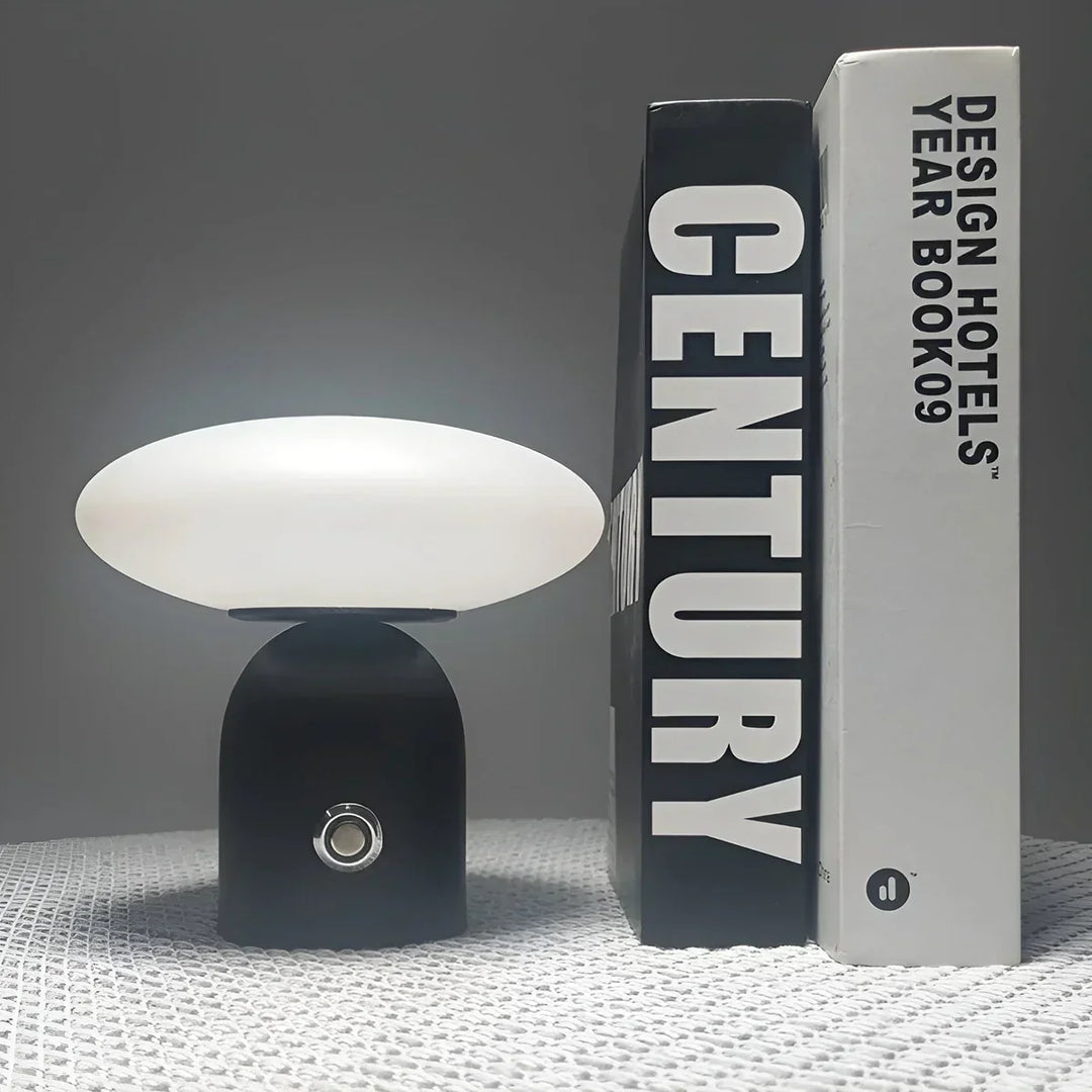 Luxury Scandinavian mushroom lamp. Modern LED table light in black with smart touch control for home decor.