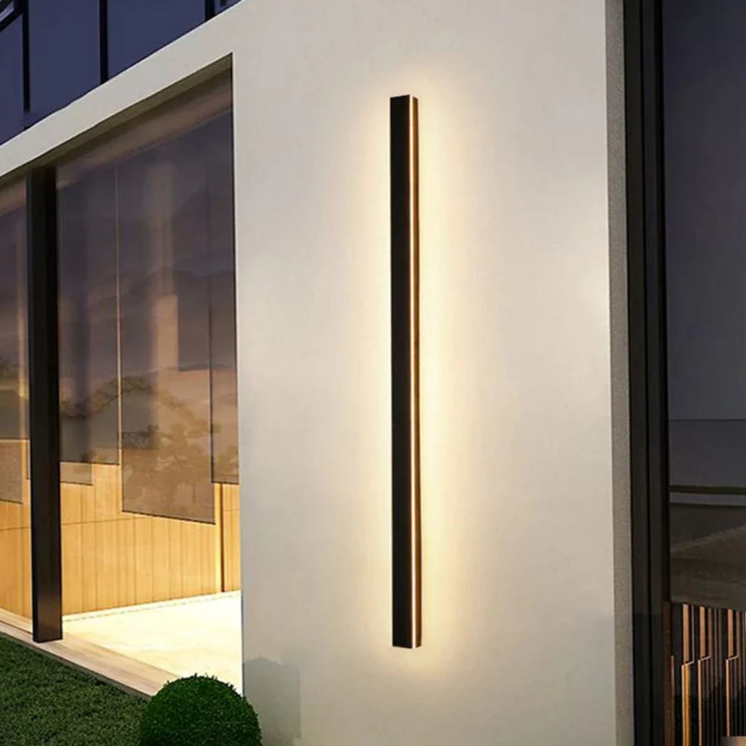 Dimmable LineaGlow LED wall lamp, sleek minimalist design for any modern exterior.